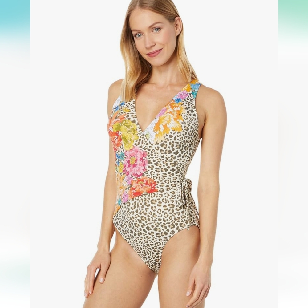 NWOT Johnny Was Leopard Floral Wrap One Piece Boho Swimsuit
